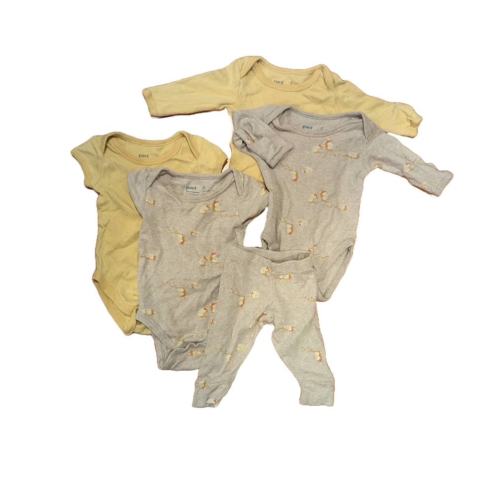 Set of Pact organic cotton Armadillo Party - 2 LS & 2 SS onesies, 1 pant, 0-3 mo